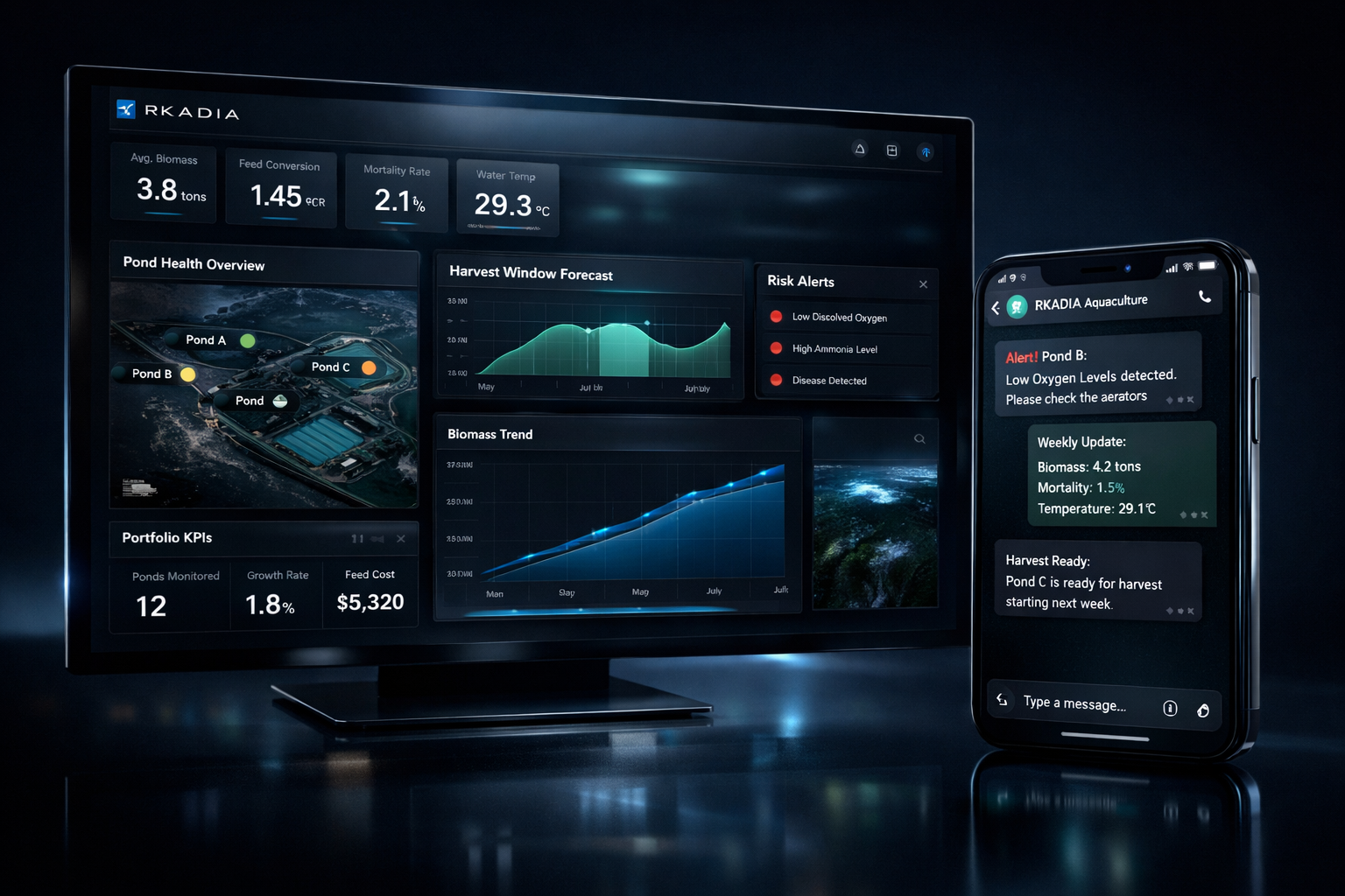 RKADIA dashboard showing pond health analytics alongside the WhatsApp field capture interface