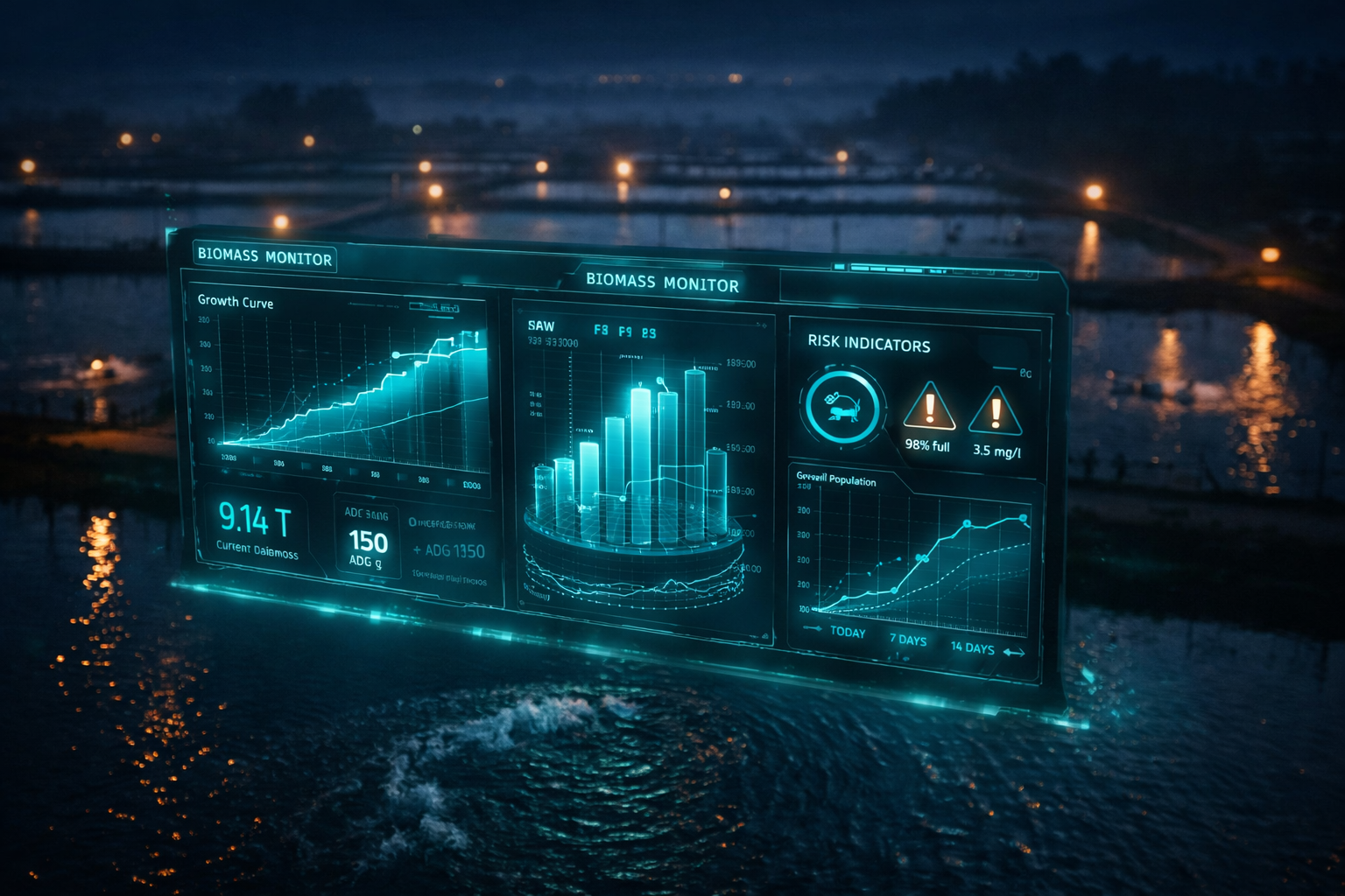 Holographic analytics dashboard floating over aquaculture ponds