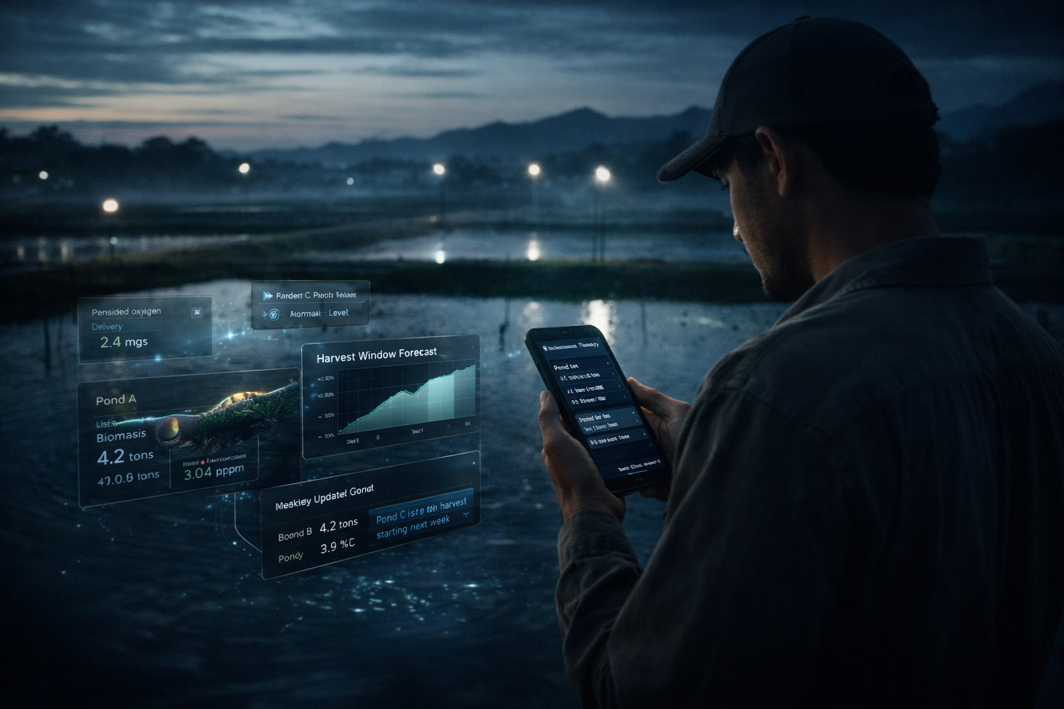 Farmer using RKADIA on phone at aquaculture ponds at dusk