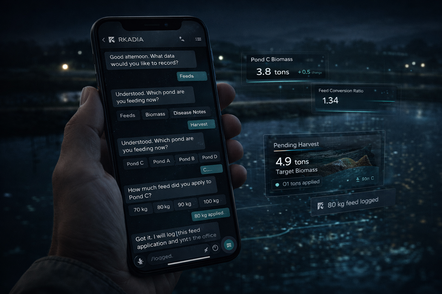 Field agent using RKADIA WhatsApp bot at aquaculture ponds at night