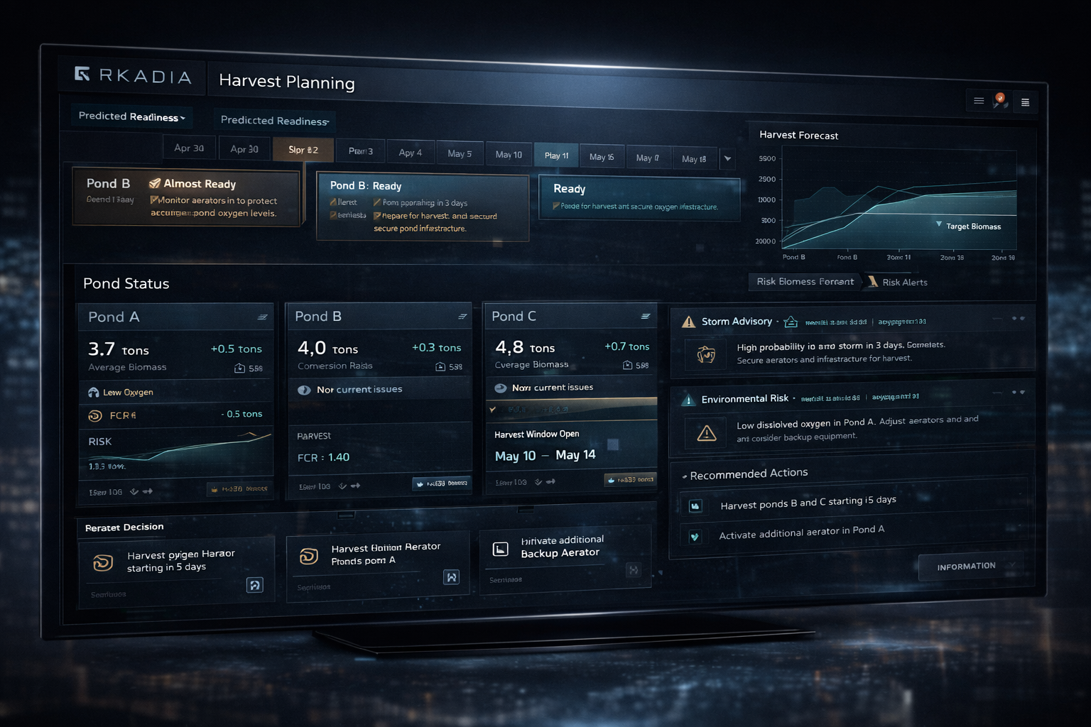 RKADIA harvest planning dashboard showing pond readiness