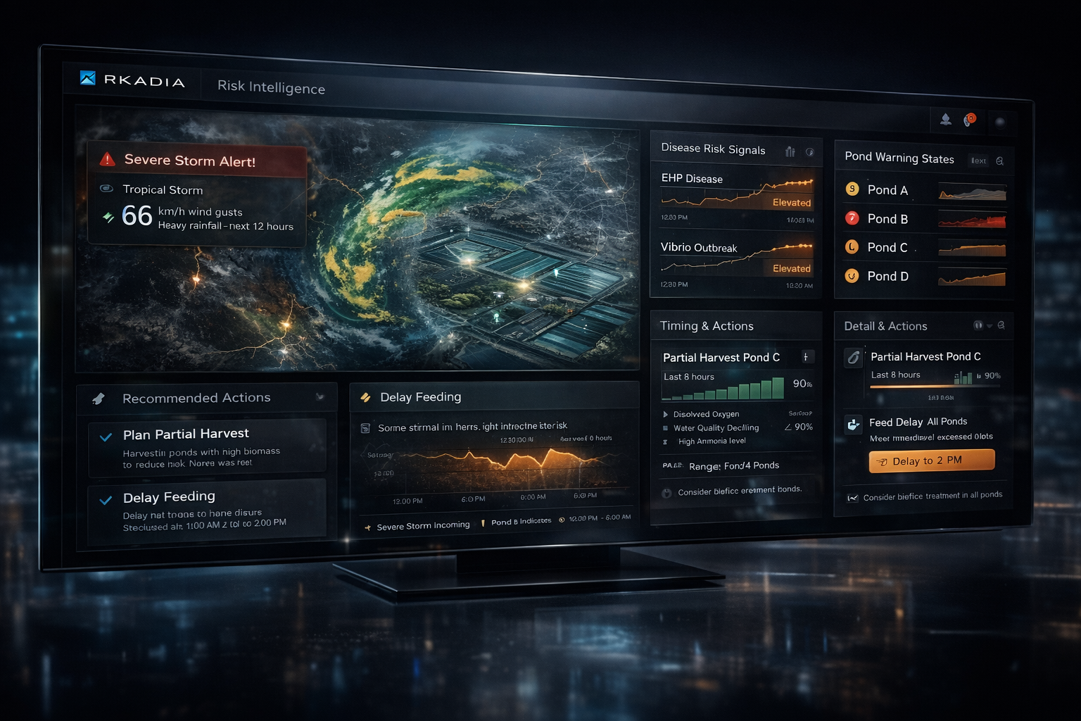 RKADIA risk intelligence dashboard showing weather alerts and disease signals